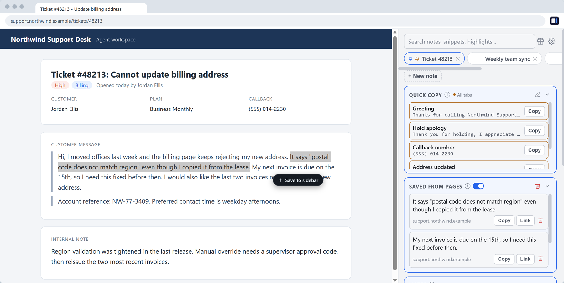 Sidebit open in Chrome's side panel next to a support ticket, showing quick copy snippets and text saved from the page