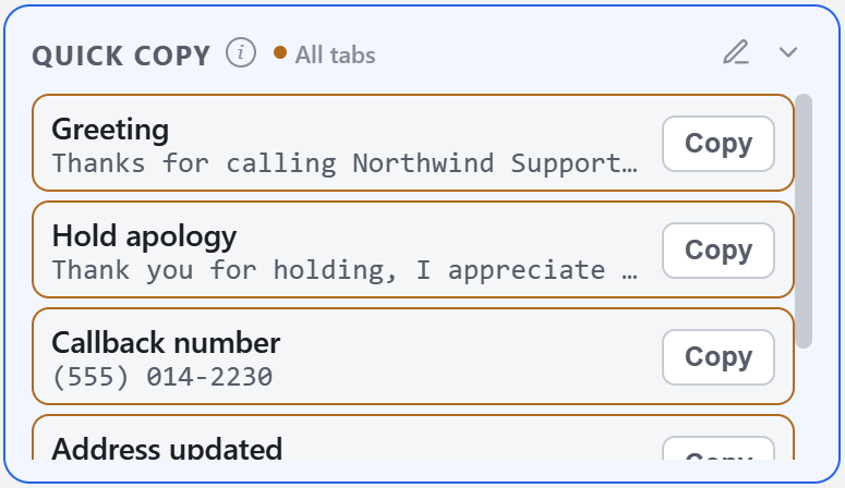 Quick copy section listing snippets, each with a Copy button