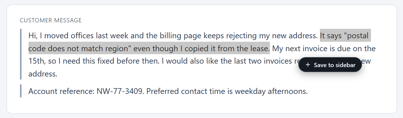 Selected text on a web page with the Save to sidebar button next to it