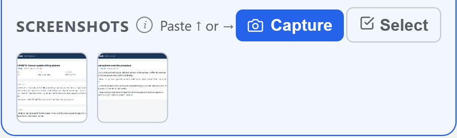 Screenshots section of a note with Capture and Select buttons and two saved thumbnails