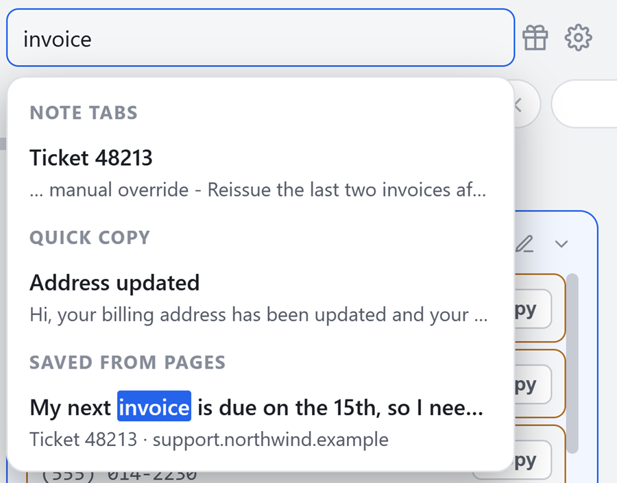 Search results for the word invoice, grouped by note tabs, quick copy and saved from pages